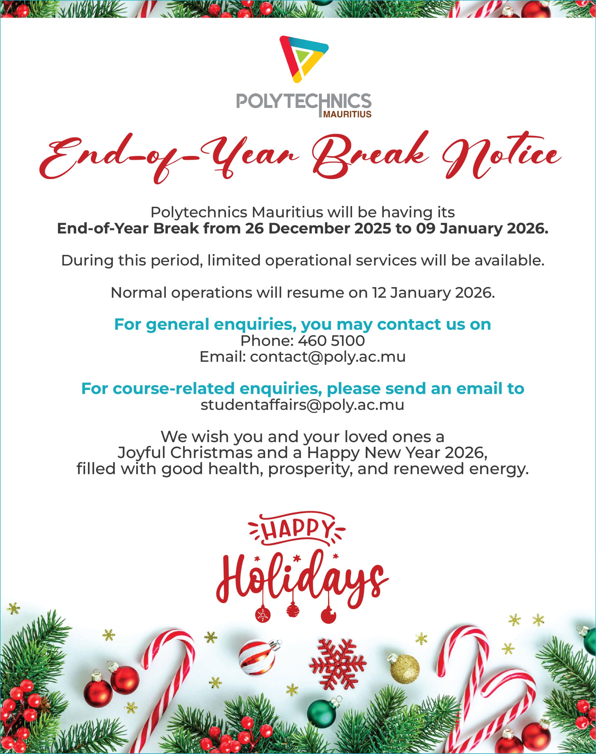 End of Year Break 2025 Notice